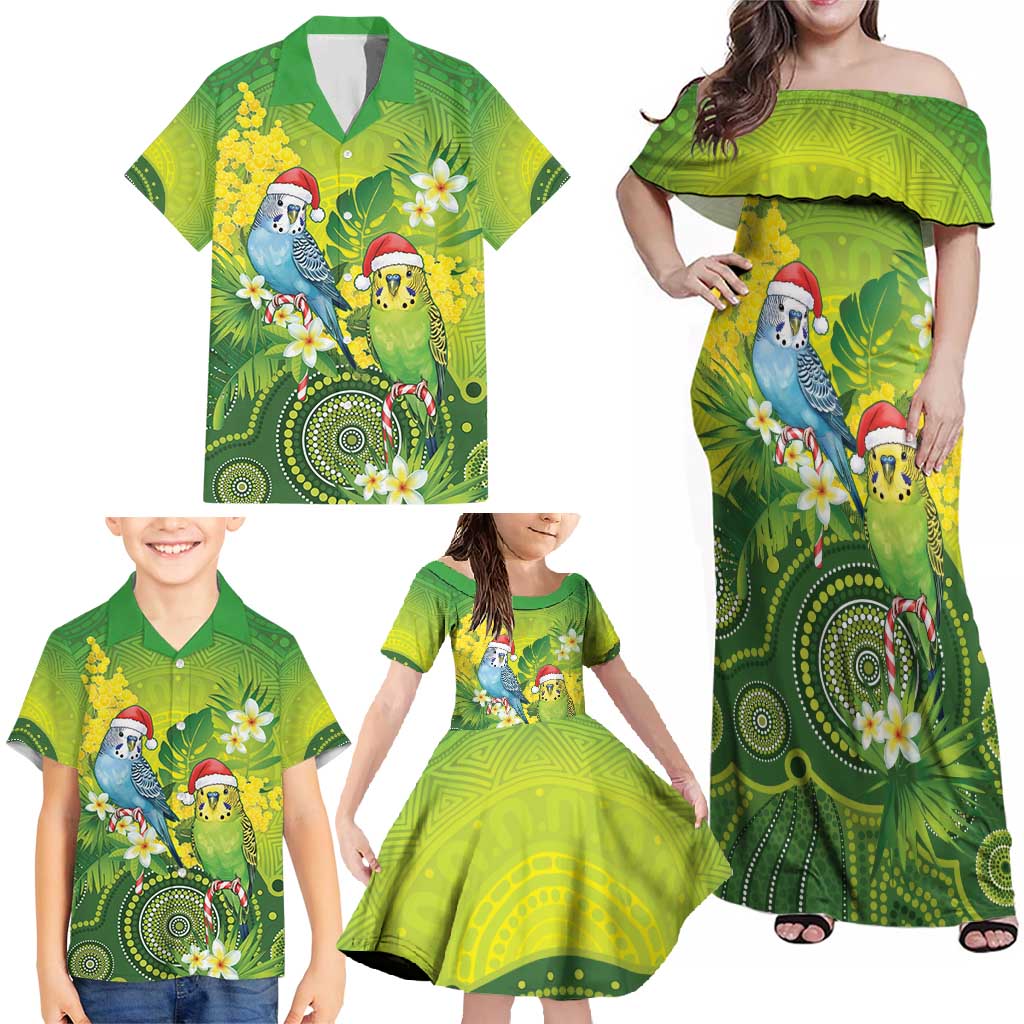 Budgerigar Australia Christmas Family Matching Off Shoulder Maxi Dress and Hawaiian Shirt Budgies Golden Wattle Aboriginal Green - Aussie Hoodie