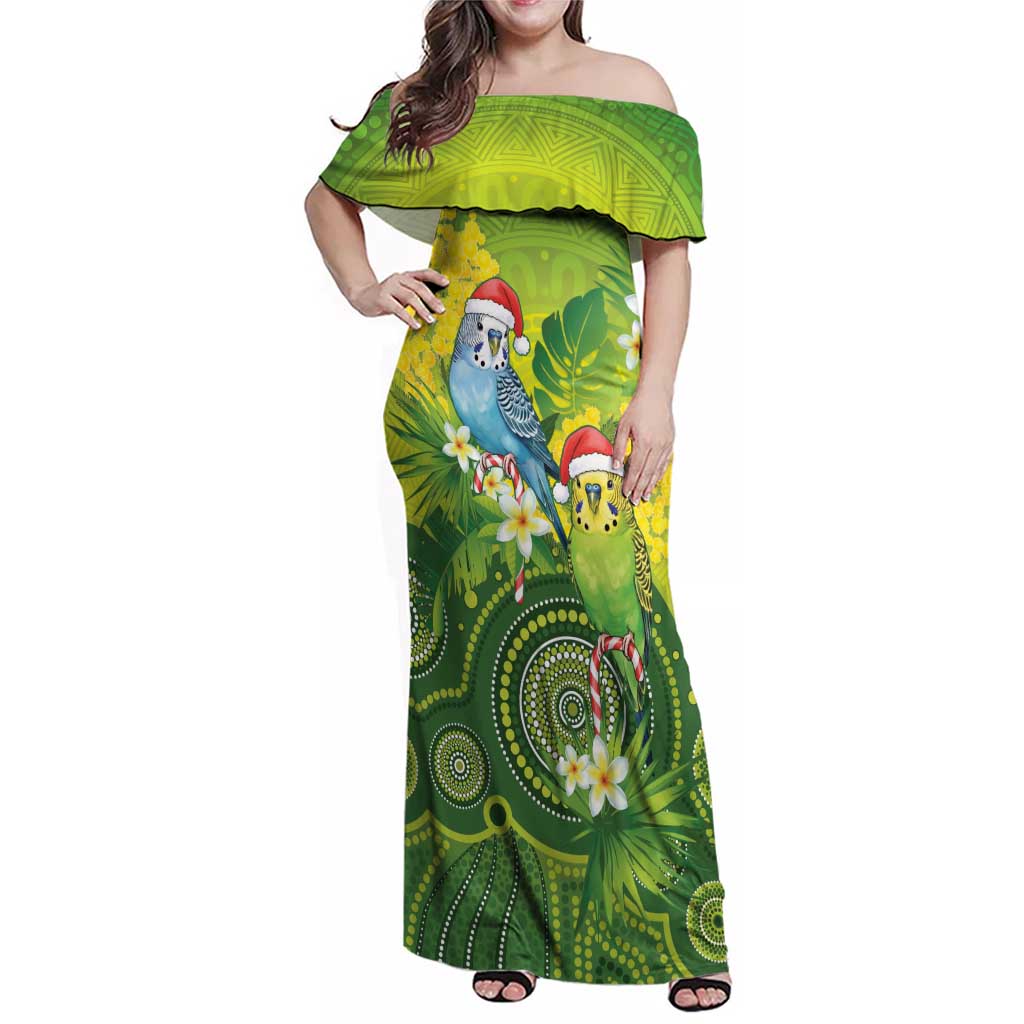 Budgerigar Australia Christmas Family Matching Off Shoulder Maxi Dress and Hawaiian Shirt Budgies Golden Wattle Aboriginal Green - Aussie Hoodie