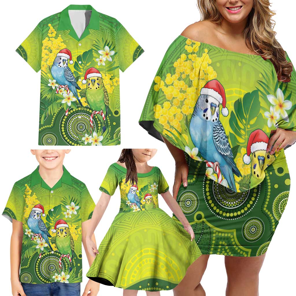 Budgerigar Australia Christmas Family Matching Off Shoulder Short Dress and Hawaiian Shirt Budgies Golden Wattle Aboriginal Green - Aussie Hoodie