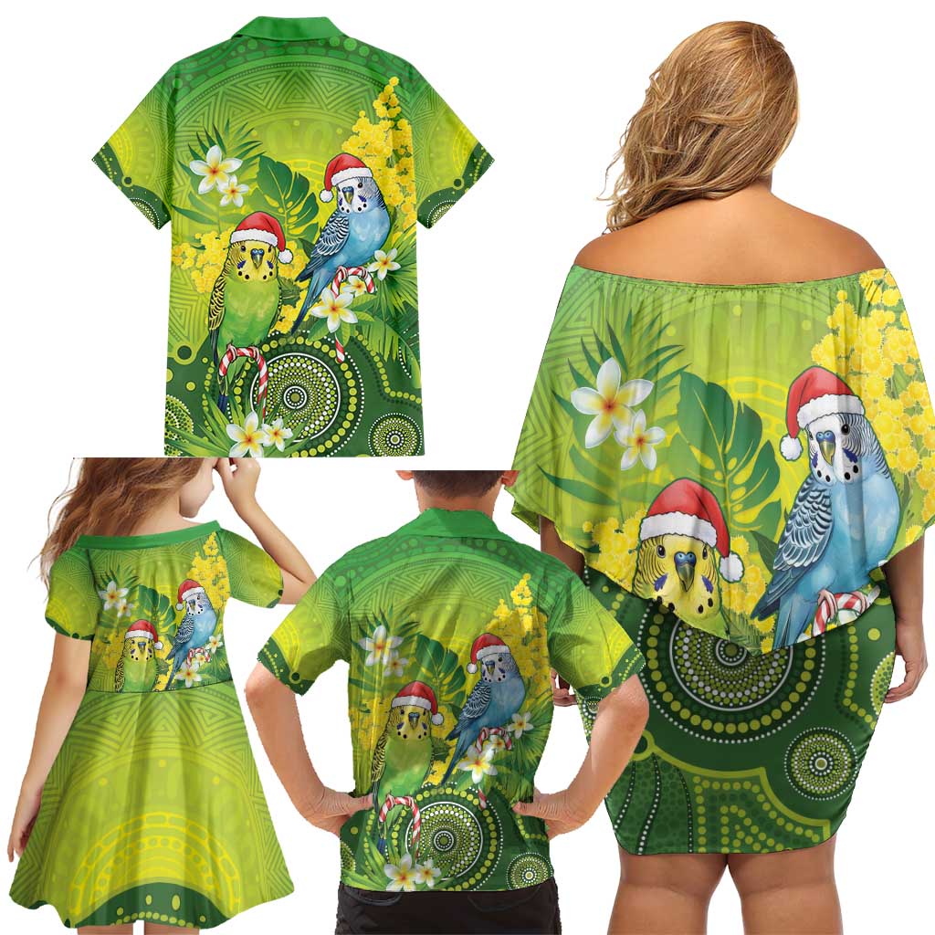 Budgerigar Australia Christmas Family Matching Off Shoulder Short Dress and Hawaiian Shirt Budgies Golden Wattle Aboriginal Green - Aussie Hoodie