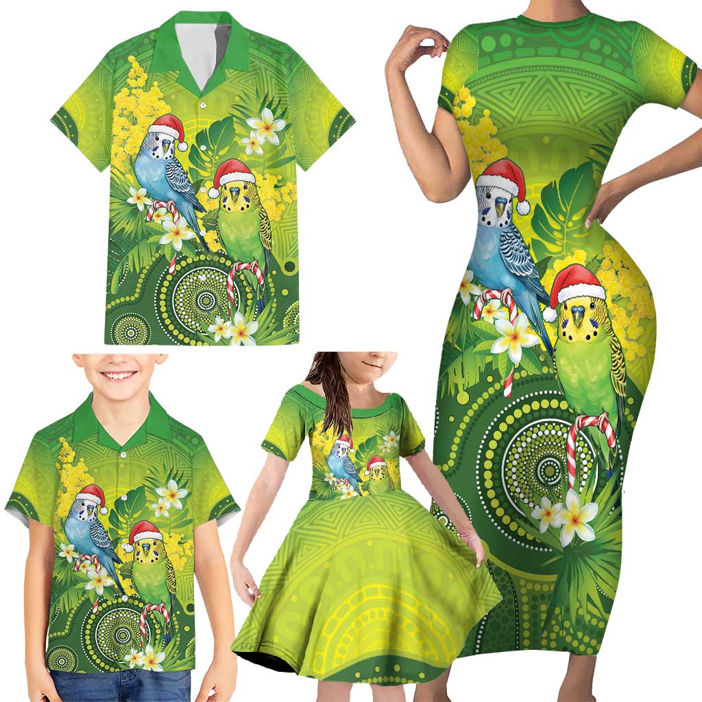 Budgerigar Australia Christmas Family Matching Short Sleeve Bodycon Dress and Hawaiian Shirt Budgies Golden Wattle Aboriginal Green - Aussie Hoodie