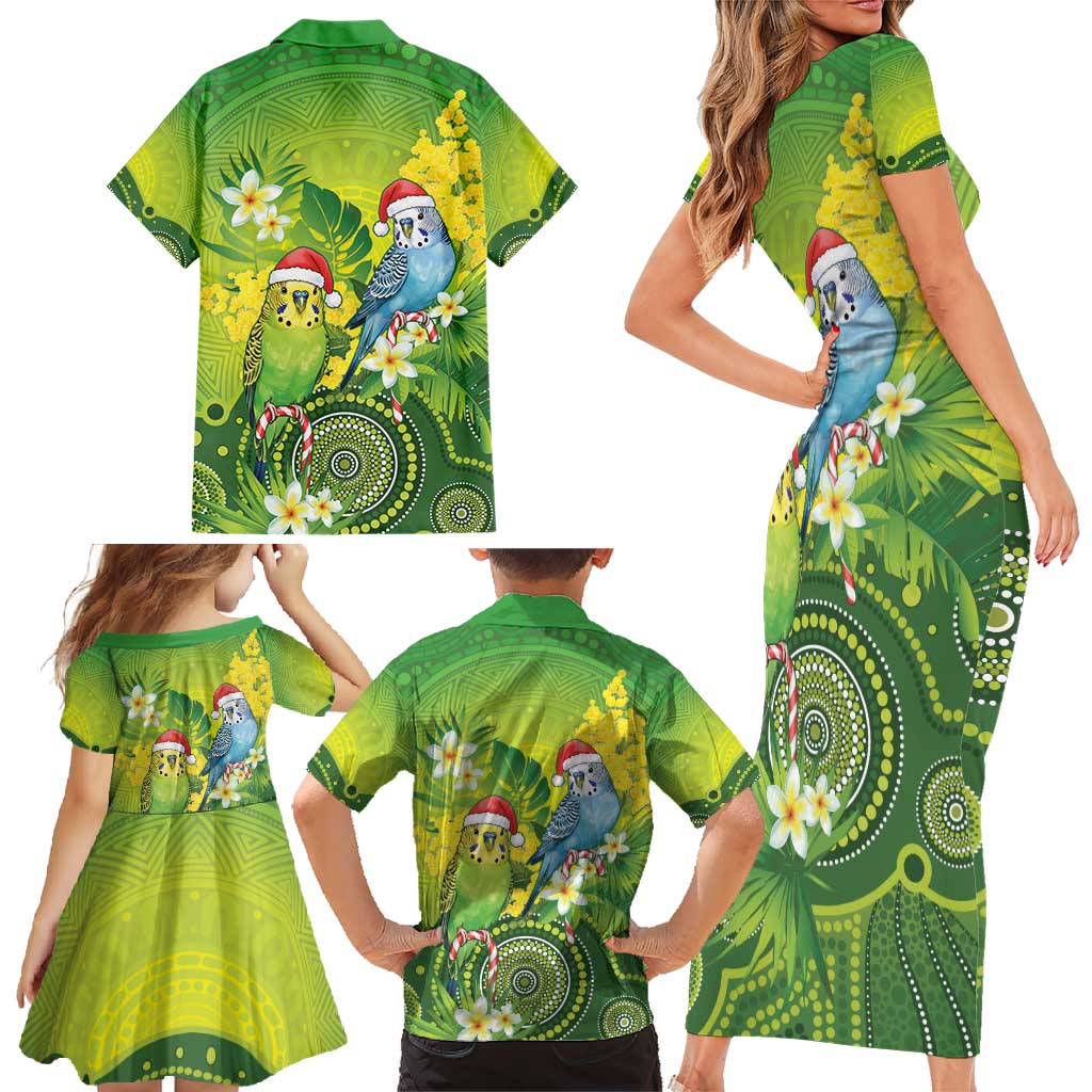 Budgerigar Australia Christmas Family Matching Short Sleeve Bodycon Dress and Hawaiian Shirt Budgies Golden Wattle Aboriginal Green - Aussie Hoodie