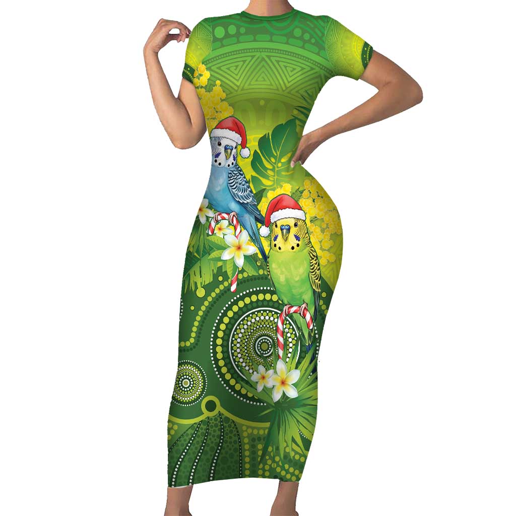 Budgerigar Australia Christmas Family Matching Short Sleeve Bodycon Dress and Hawaiian Shirt Budgies Golden Wattle Aboriginal Green - Aussie Hoodie