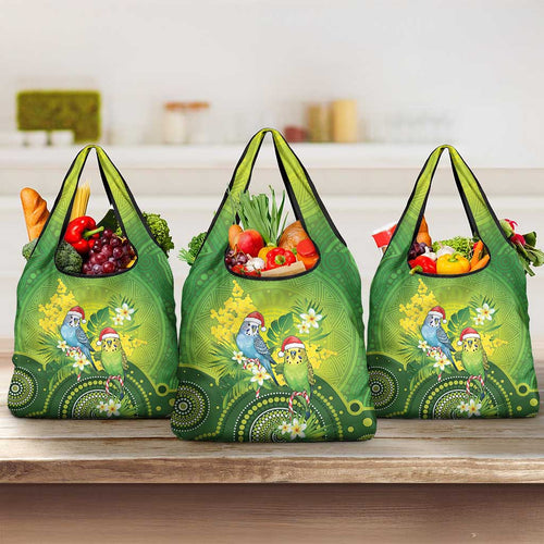 Budgerigar Australia Christmas Grocery Bag Budgies Golden Wattle Aboriginal Green - Aussie Hoodie