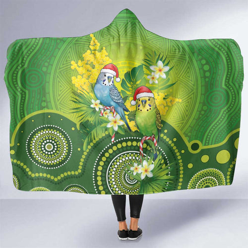 Budgerigar Australia Christmas Hooded Blanket Budgies Golden Wattle Aboriginal Green - Aussie Hoodie