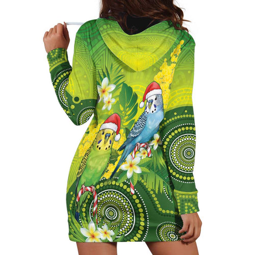 Budgerigar Australia Christmas Hoodie Dress Budgies Golden Wattle Aboriginal Green - Aussie Hoodie