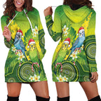 Budgerigar Australia Christmas Hoodie Dress Budgies Golden Wattle Aboriginal Green - Aussie Hoodie