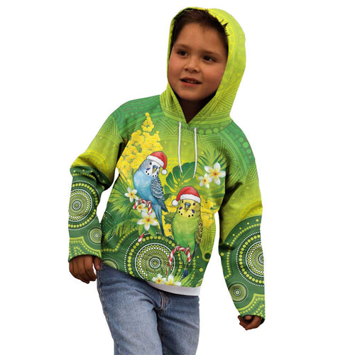 Budgerigar Australia Christmas Kid Hoodie Budgies Golden Wattle Aboriginal Green - Aussie Hoodie