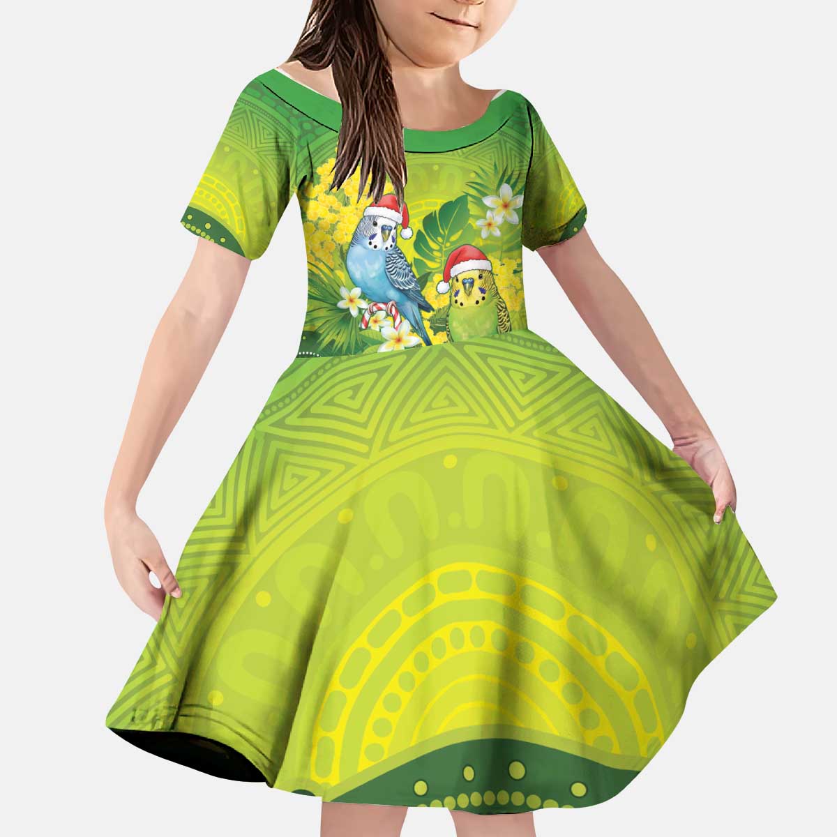 Budgerigar Australia Christmas Kid Short Sleeve Dress Budgies Golden Wattle Aboriginal Green - Aussie Hoodie