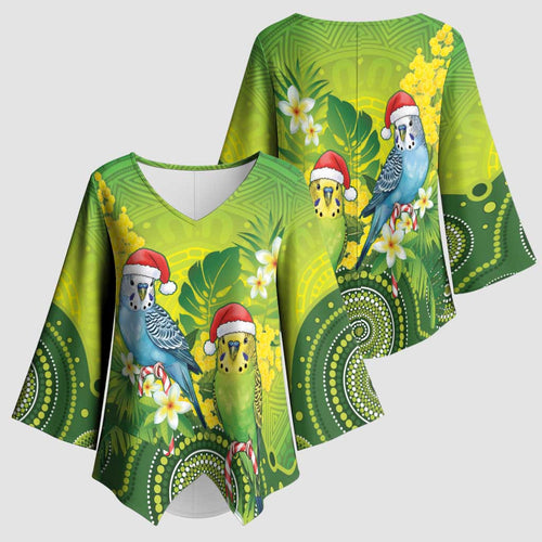 Budgerigar Australia Christmas Kimono Sleeve Blouse Budgies Golden Wattle Aboriginal Green - Aussie Hoodie