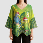 Budgerigar Australia Christmas Kimono Sleeve Blouse Budgies Golden Wattle Aboriginal Green - Aussie Hoodie
