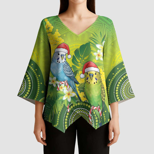 Budgerigar Australia Christmas Kimono Sleeve Blouse Budgies Golden Wattle Aboriginal Green - Aussie Hoodie