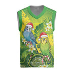 Budgerigar Australia Christmas Knitted V-Neck Vest Budgies Golden Wattle Aboriginal Green - Aussie Hoodie