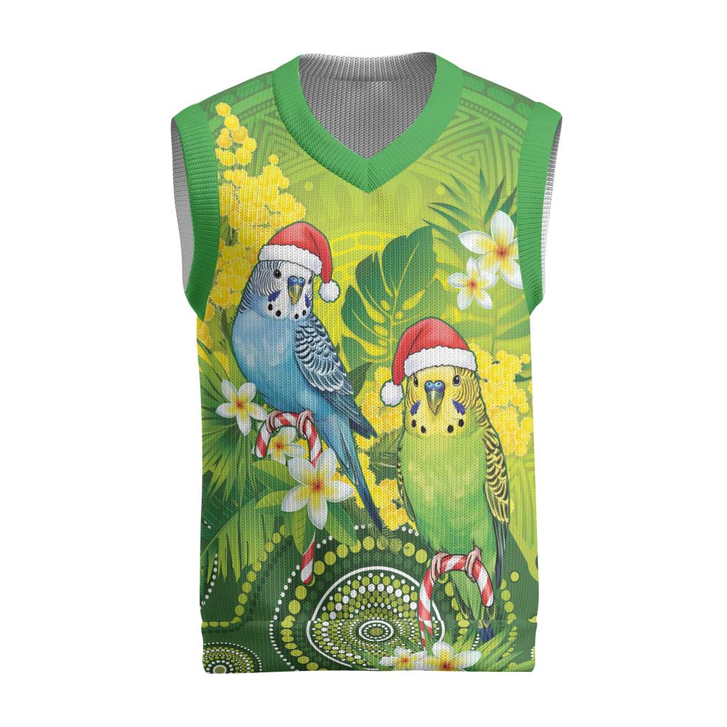Budgerigar Australia Christmas Knitted V-Neck Vest Budgies Golden Wattle Aboriginal Green - Aussie Hoodie