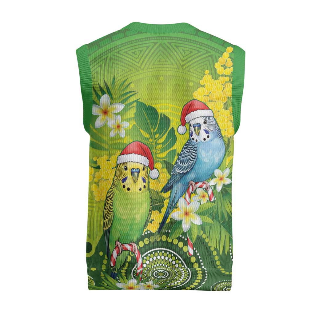 Budgerigar Australia Christmas Knitted V-Neck Vest Budgies Golden Wattle Aboriginal Green - Aussie Hoodie