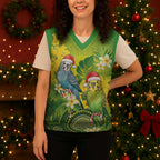 Budgerigar Australia Christmas Knitted V-Neck Vest Budgies Golden Wattle Aboriginal Green - Aussie Hoodie