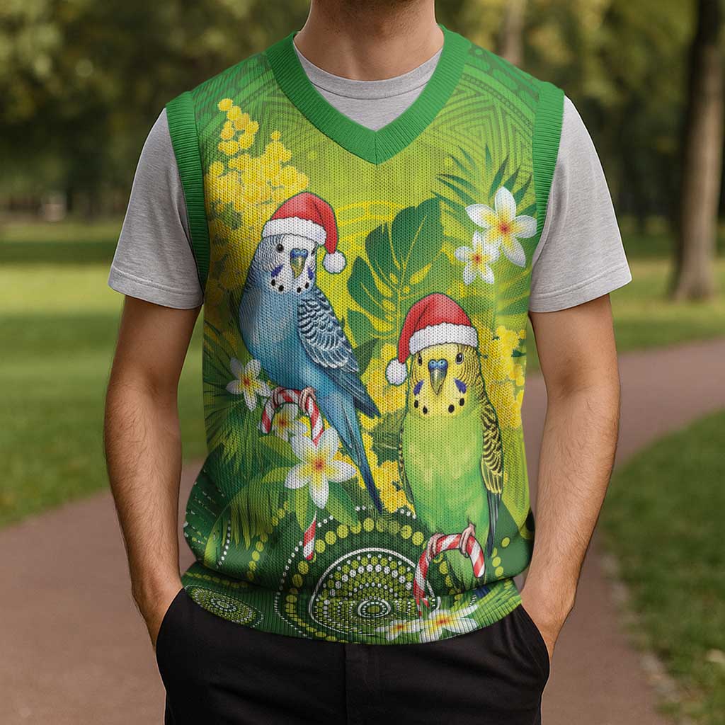 Budgerigar Australia Christmas Knitted V-Neck Vest Budgies Golden Wattle Aboriginal Green - Aussie Hoodie