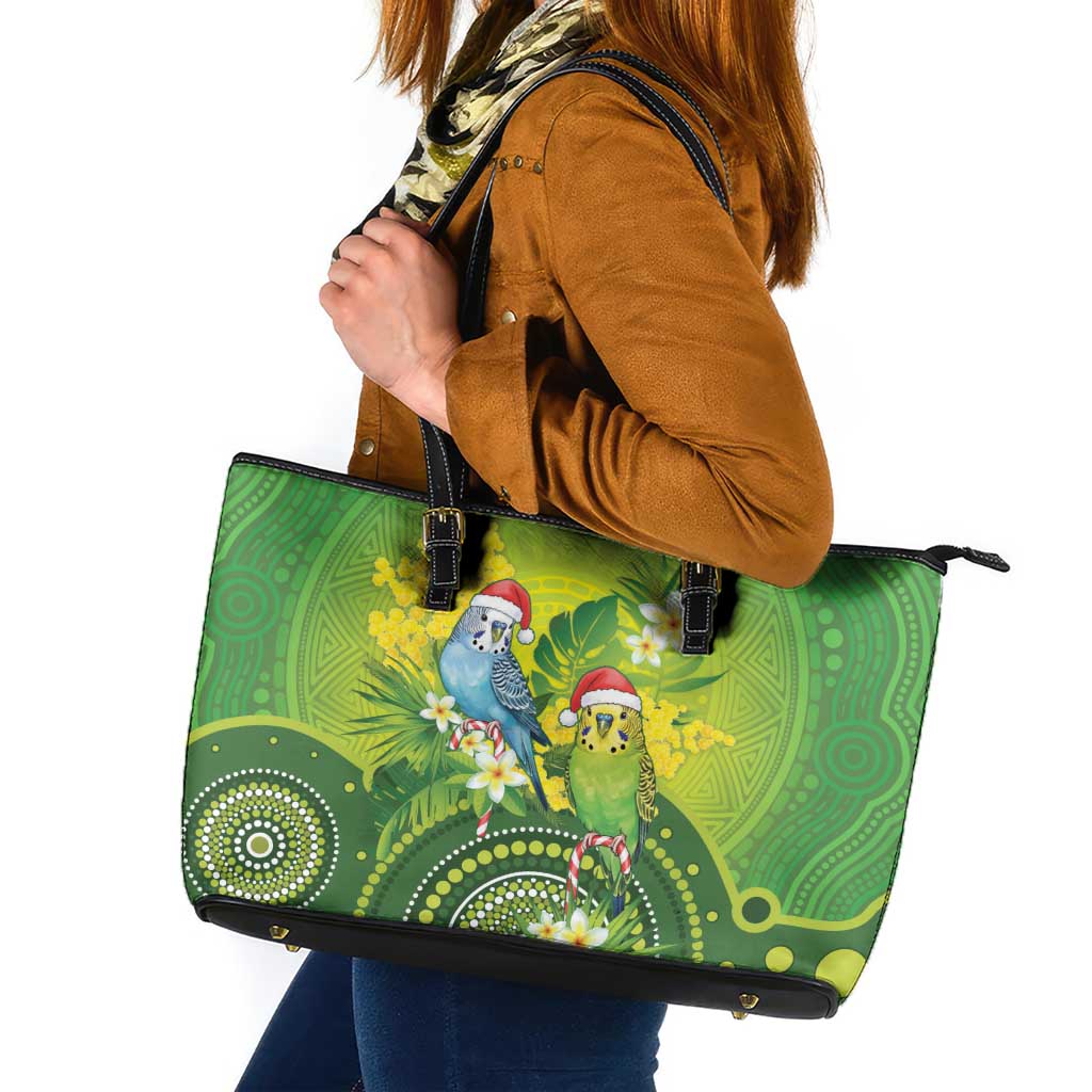 Budgerigar Australia Christmas Leather Tote Bag Budgies Golden Wattle Aboriginal Green - Aussie Hoodie