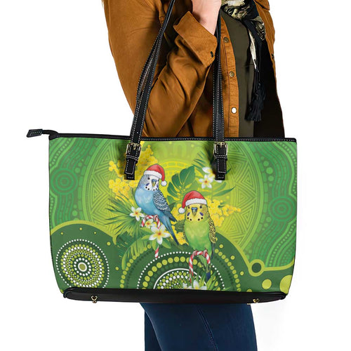 Budgerigar Australia Christmas Leather Tote Bag Budgies Golden Wattle Aboriginal Green - Aussie Hoodie