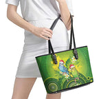 Budgerigar Australia Christmas Leather Tote Bag Budgies Golden Wattle Aboriginal Green - Aussie Hoodie