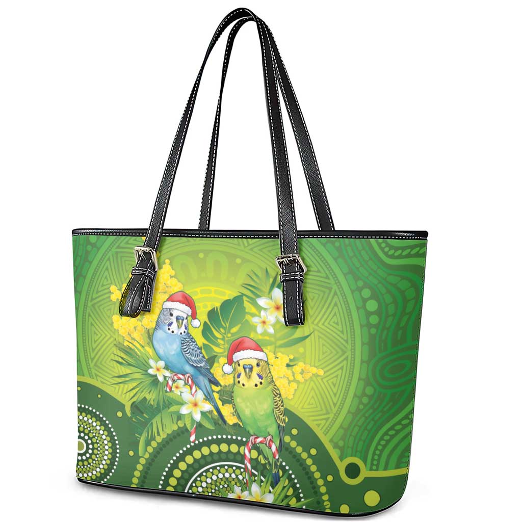 Budgerigar Australia Christmas Leather Tote Bag Budgies Golden Wattle Aboriginal Green - Aussie Hoodie