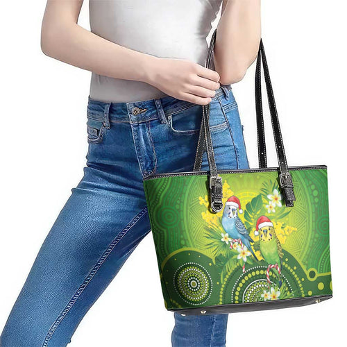 Budgerigar Australia Christmas Leather Tote Bag Budgies Golden Wattle Aboriginal Green - Aussie Hoodie