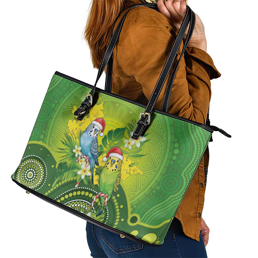 Budgerigar Australia Christmas Leather Tote Bag Budgies Golden Wattle Aboriginal Green - Aussie Hoodie