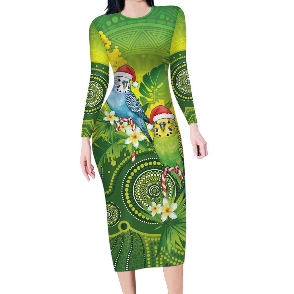 Budgerigar Australia Christmas Long Sleeve Bodycon Dress Budgies Golden Wattle Aboriginal Green - Aussie Hoodie