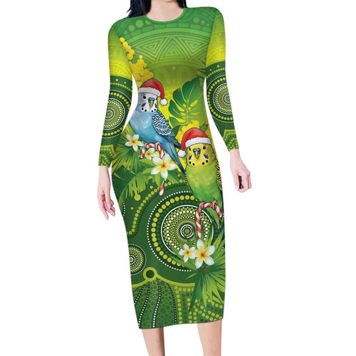Budgerigar Australia Christmas Long Sleeve Bodycon Dress Budgies Golden Wattle Aboriginal Green - Aussie Hoodie