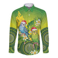 Budgerigar Australia Christmas Long Sleeve Button Shirt Budgies Golden Wattle Aboriginal Green - Aussie Hoodie