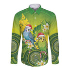 Budgerigar Australia Christmas Long Sleeve Button Shirt Budgies Golden Wattle Aboriginal Green - Aussie Hoodie