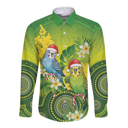 Budgerigar Australia Christmas Long Sleeve Button Shirt Budgies Golden Wattle Aboriginal Green - Aussie Hoodie