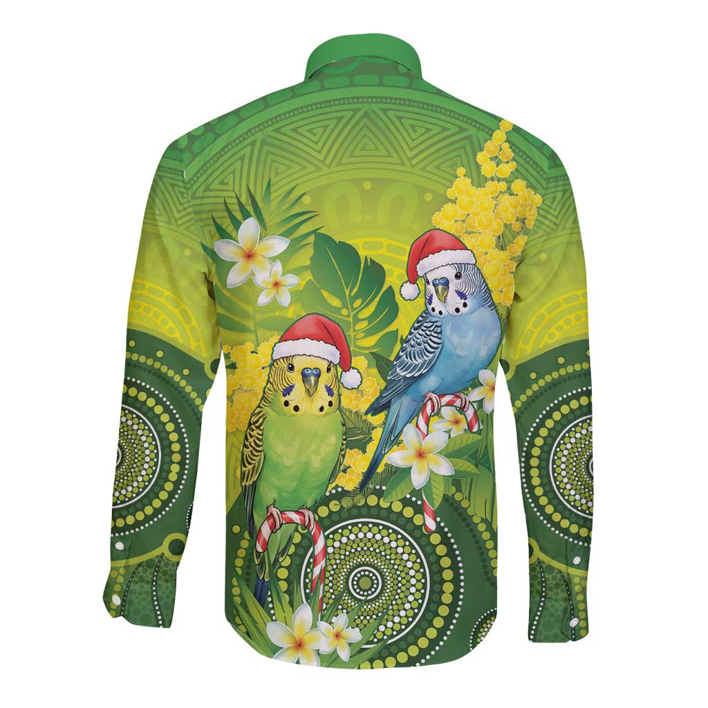 Budgerigar Australia Christmas Long Sleeve Button Shirt Budgies Golden Wattle Aboriginal Green - Aussie Hoodie