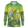 Budgerigar Australia Christmas Long Sleeve Polo Shirt Budgies Golden Wattle Aboriginal Green - Aussie Hoodie