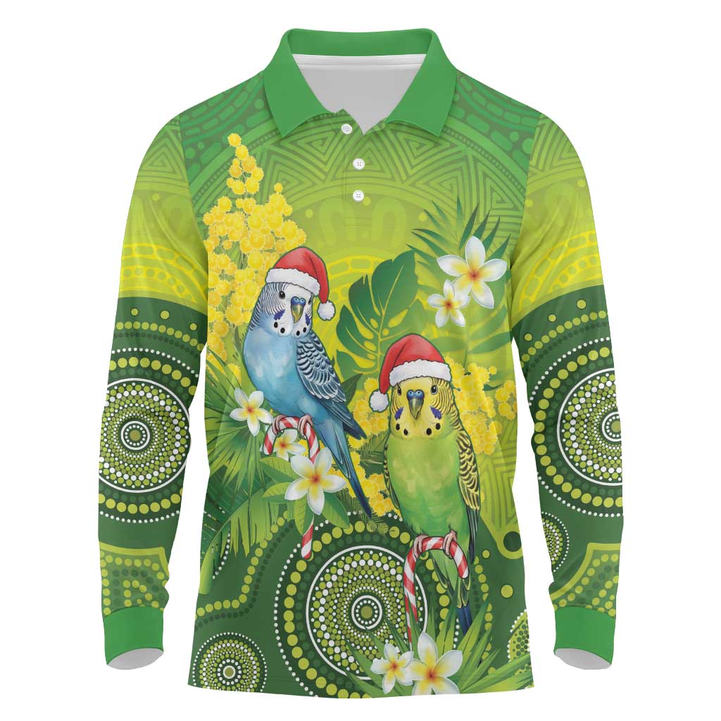Budgerigar Australia Christmas Long Sleeve Polo Shirt Budgies Golden Wattle Aboriginal Green - Aussie Hoodie