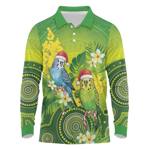 Budgerigar Australia Christmas Long Sleeve Polo Shirt Budgies Golden Wattle Aboriginal Green - Aussie Hoodie