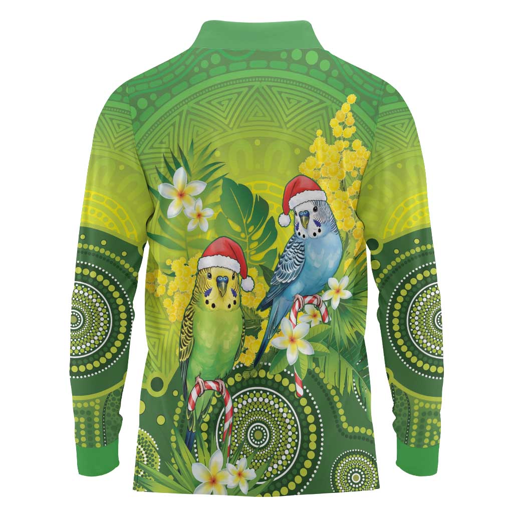 Budgerigar Australia Christmas Long Sleeve Polo Shirt Budgies Golden Wattle Aboriginal Green - Aussie Hoodie