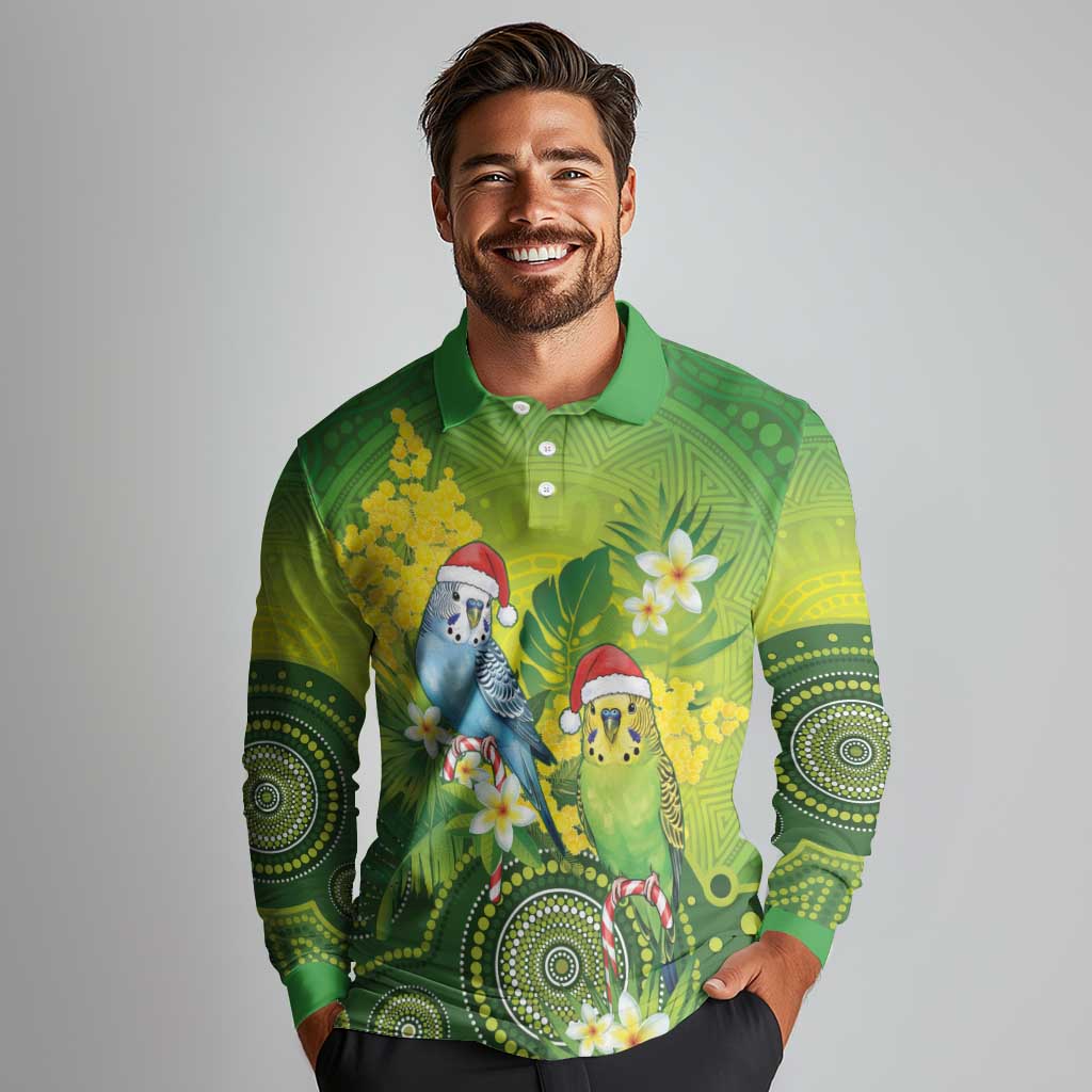 Budgerigar Australia Christmas Long Sleeve Polo Shirt Budgies Golden Wattle Aboriginal Green - Aussie Hoodie