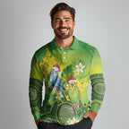Budgerigar Australia Christmas Long Sleeve Polo Shirt Budgies Golden Wattle Aboriginal Green - Aussie Hoodie