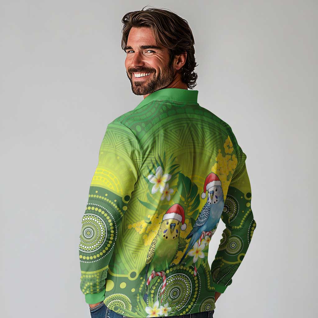 Budgerigar Australia Christmas Long Sleeve Polo Shirt Budgies Golden Wattle Aboriginal Green - Aussie Hoodie