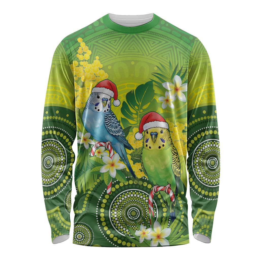 Budgerigar Australia Christmas Long Sleeve Shirt Budgies Golden Wattle Aboriginal Green - Aussie Hoodie