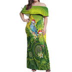 Budgerigar Australia Christmas Off Shoulder Maxi Dress Budgies Golden Wattle Aboriginal Green - Aussie Hoodie
