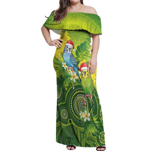 Budgerigar Australia Christmas Off Shoulder Maxi Dress Budgies Golden Wattle Aboriginal Green - Aussie Hoodie