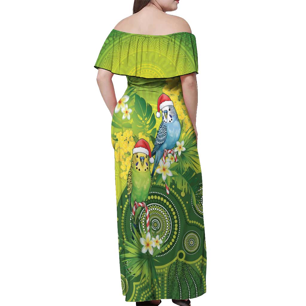 Budgerigar Australia Christmas Off Shoulder Maxi Dress Budgies Golden Wattle Aboriginal Green - Aussie Hoodie