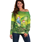 Budgerigar Australia Christmas Off Shoulder Sweater Budgies Golden Wattle Aboriginal Green - Aussie Hoodie
