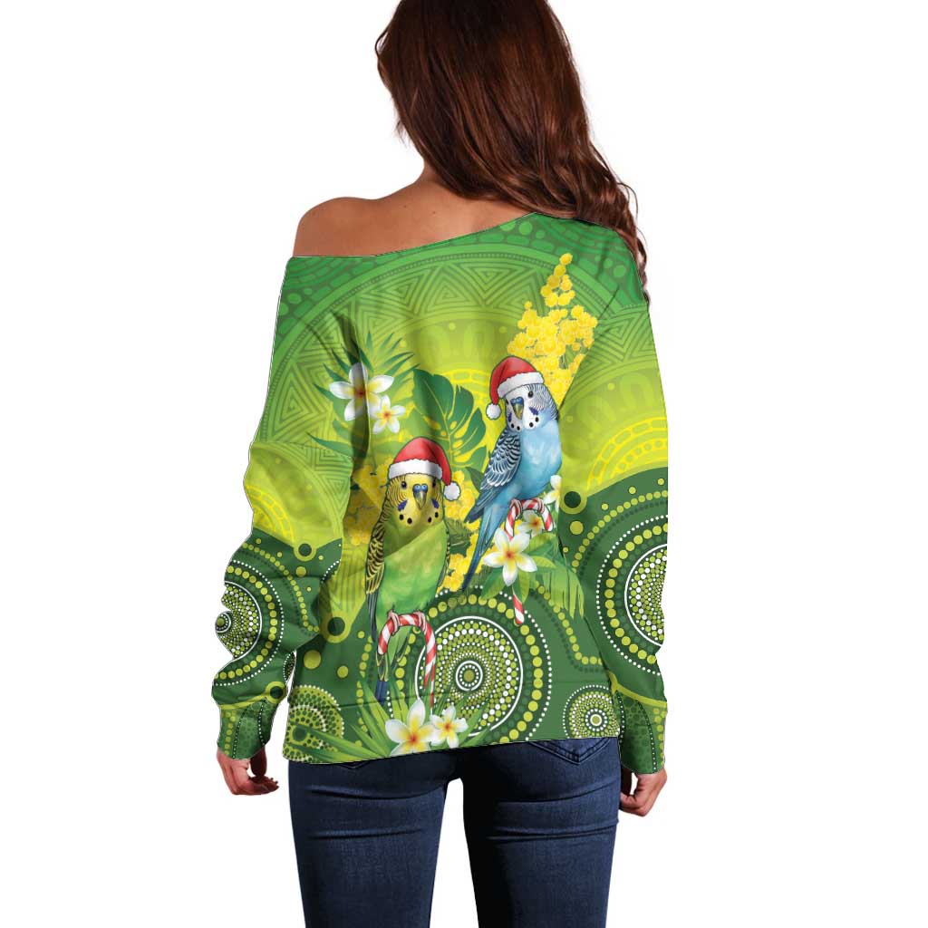 Budgerigar Australia Christmas Off Shoulder Sweater Budgies Golden Wattle Aboriginal Green - Aussie Hoodie