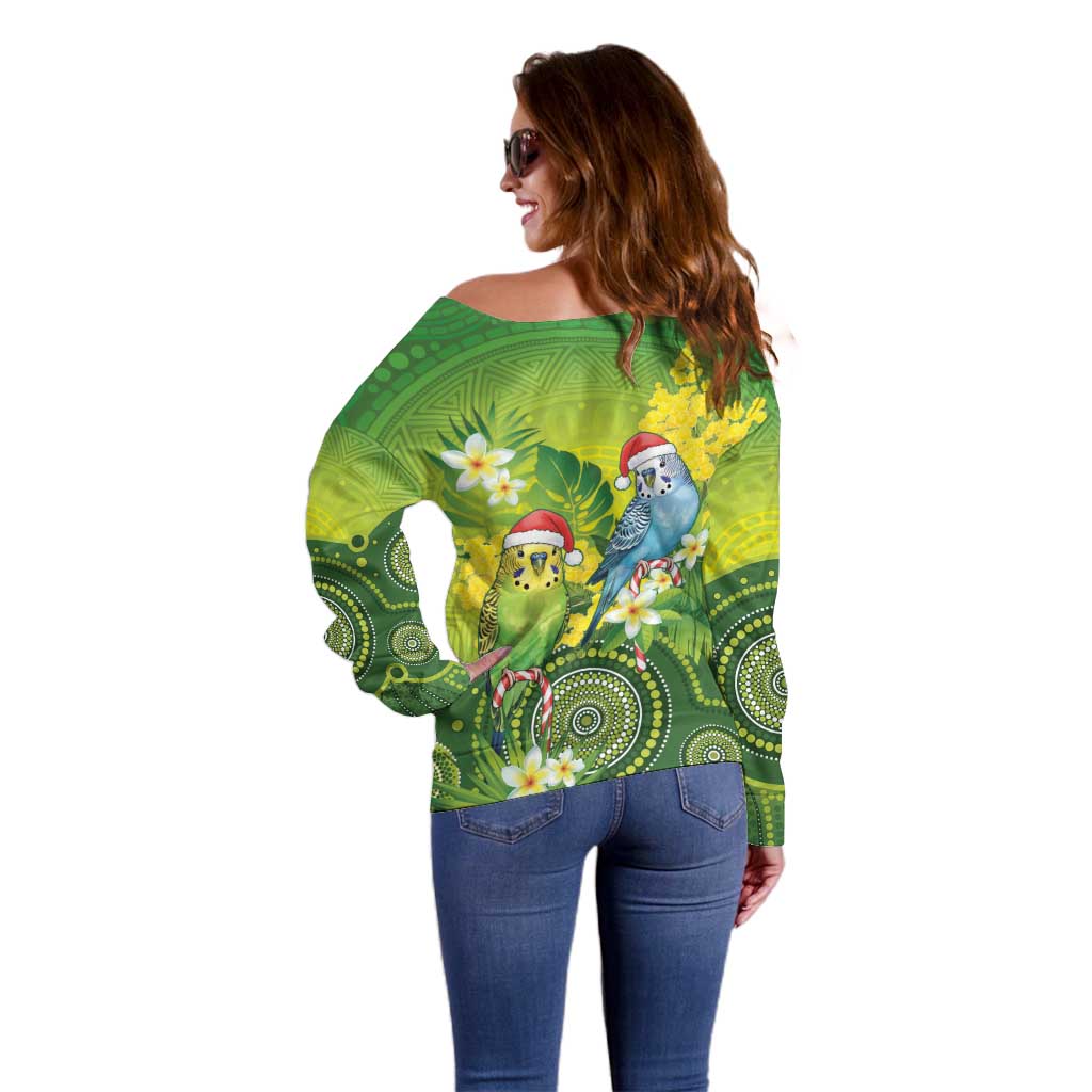 Budgerigar Australia Christmas Off Shoulder Sweater Budgies Golden Wattle Aboriginal Green - Aussie Hoodie
