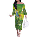 Budgerigar Australia Christmas Off The Shoulder Long Sleeve Dress Budgies Golden Wattle Aboriginal Green - Aussie Hoodie