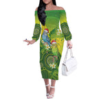 Budgerigar Australia Christmas Off The Shoulder Long Sleeve Dress Budgies Golden Wattle Aboriginal Green - Aussie Hoodie