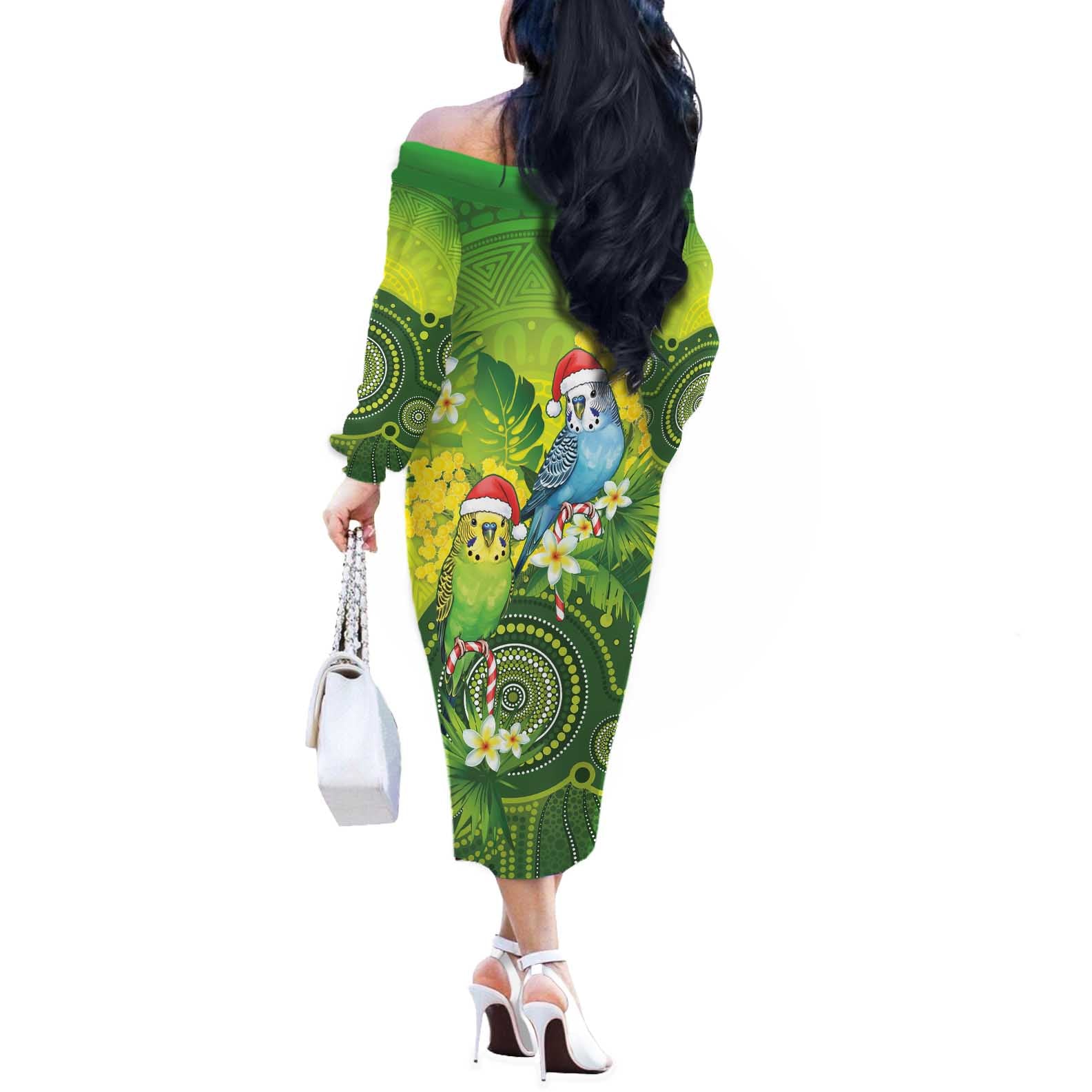 Budgerigar Australia Christmas Off The Shoulder Long Sleeve Dress Budgies Golden Wattle Aboriginal Green - Aussie Hoodie